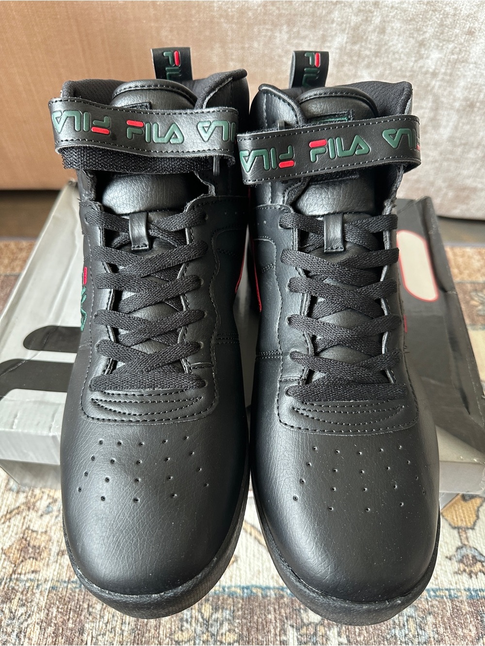 FILA Men’s Black High-Top Sneakers with Green and Red Logos